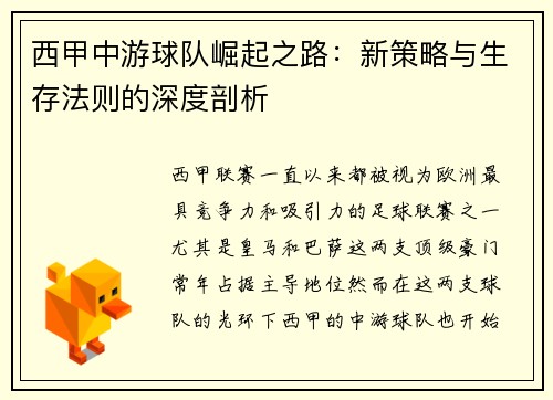 西甲中游球队崛起之路：新策略与生存法则的深度剖析
