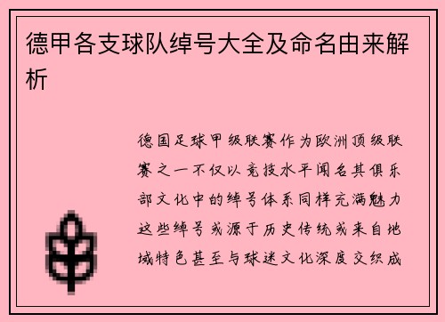 德甲各支球队绰号大全及命名由来解析