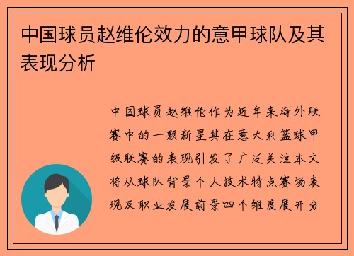 中国球员赵维伦效力的意甲球队及其表现分析